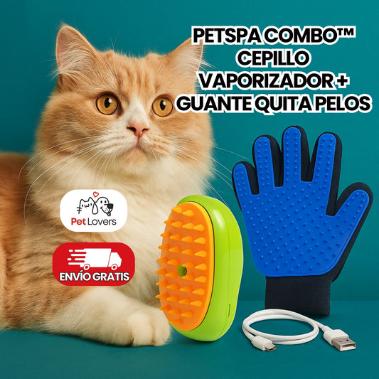 PetSpa Combo™ | Cepillo Vaporizador + Guante Quita Pelos